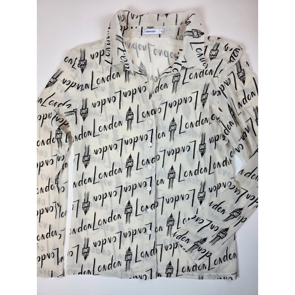 Valleygirl Top XL Sheer London Print Button Down Long Sleeve White Black Mesh
